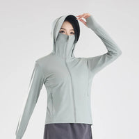 Women’s UPF 50+ Ice Silk Cooling Sun Protection Jacket – Breathable Face Cover & Detachable Black-Coated Hood