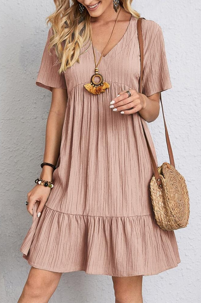 V-Neck Ruffled Short Sleeve Summer Mini Dress