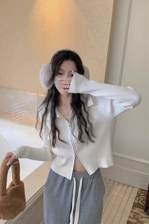 Double Zip-Up Knit Cardigan