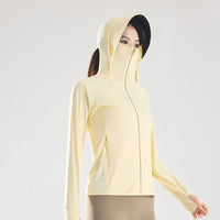 Women’s UPF 50+ Ice Silk Cooling Sun Protection Jacket – Breathable Face Cover & Detachable Black-Coated Hood