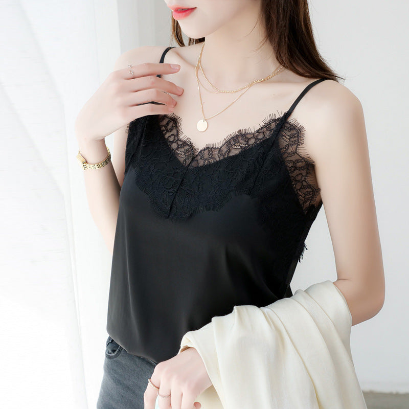 Eyelash Lace Satin Camisole Top – Elegant & Comfortable Sleepwear