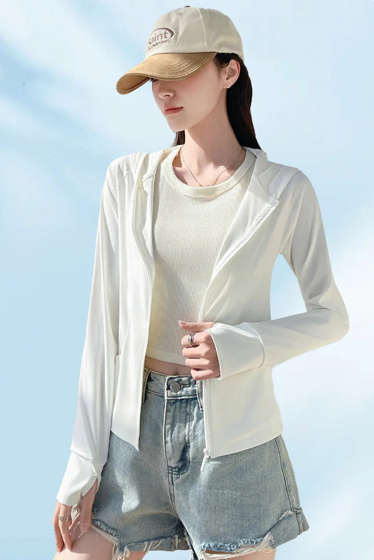 Women’s UPF 50+ Ice Silk Cooling Sun Protection Jacket – Lightweight, Breathable, with Side Pockets