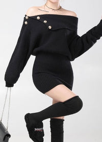 Off Shoulder Long Sleeve Knit Mini Dress