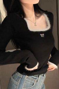 Slim Fit Square-Neck Long Sleeve Top