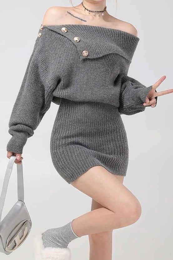 Off Shoulder Long Sleeve Knit Mini Dress