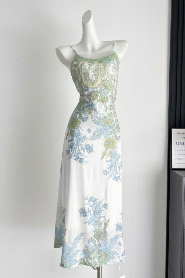 U-Neck Green Floral Cami Maxi Dress