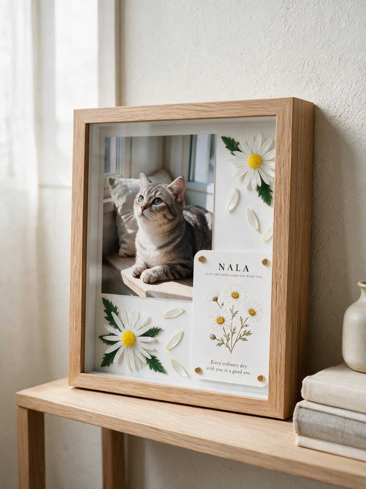 Personalized daisy pet celebration shadow box prepared as a pet lover gift