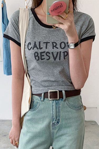 Letter Embroidery Slim Fit Short Sleeve T-Shirt