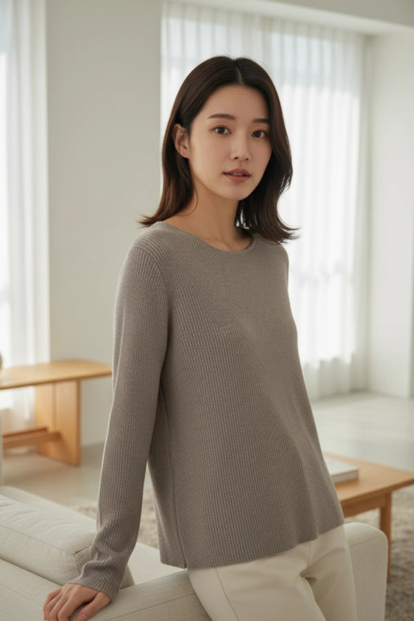 Round-Neck Long Sleeve Knit Sweater