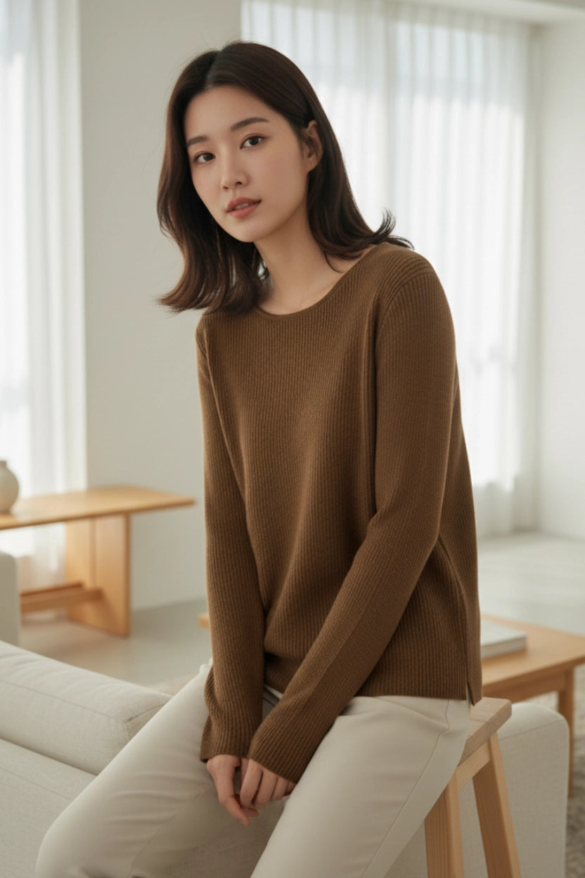 Round-Neck Long Sleeve Knit Sweater