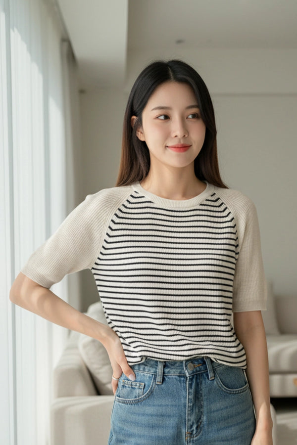 Striped Short Sleeve Knit Top