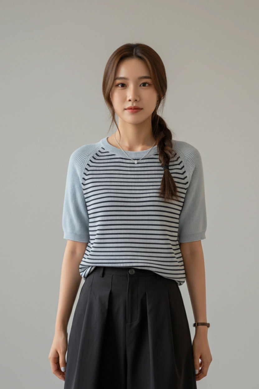 Striped Short Sleeve Knit Top