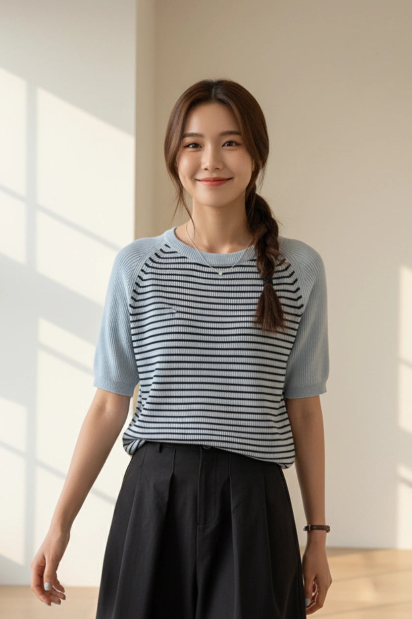 Striped Short Sleeve Knit Top