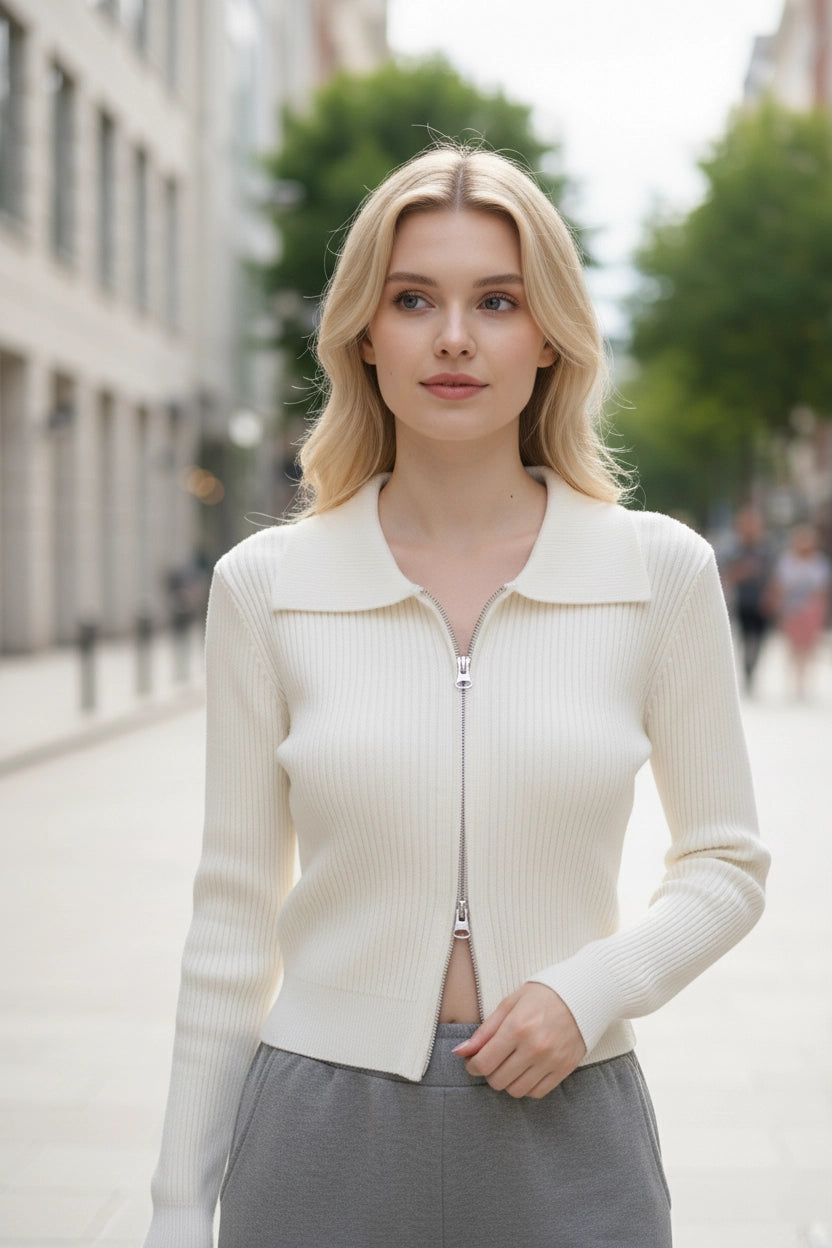 Double Zip-Up Knit Cardigan