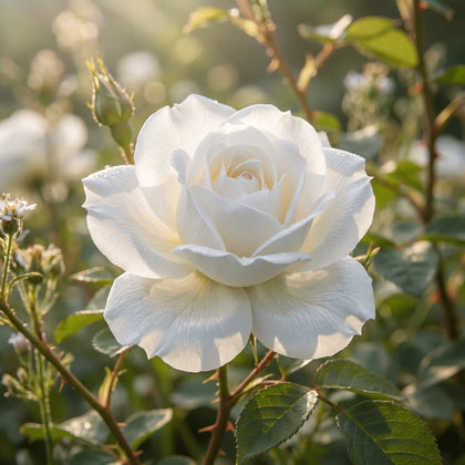 White rose in bloom symbolizing quiet and complete love for a beloved pet