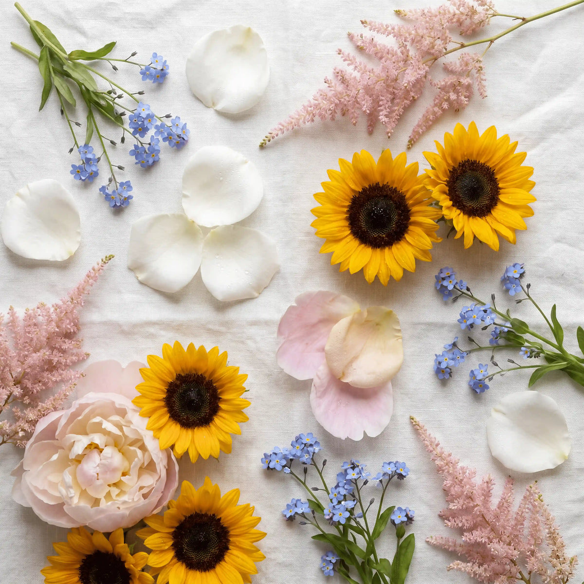 Handmade sunflowers, white roses, forget-me-nots, and peonies arranged in the YP Pets studio