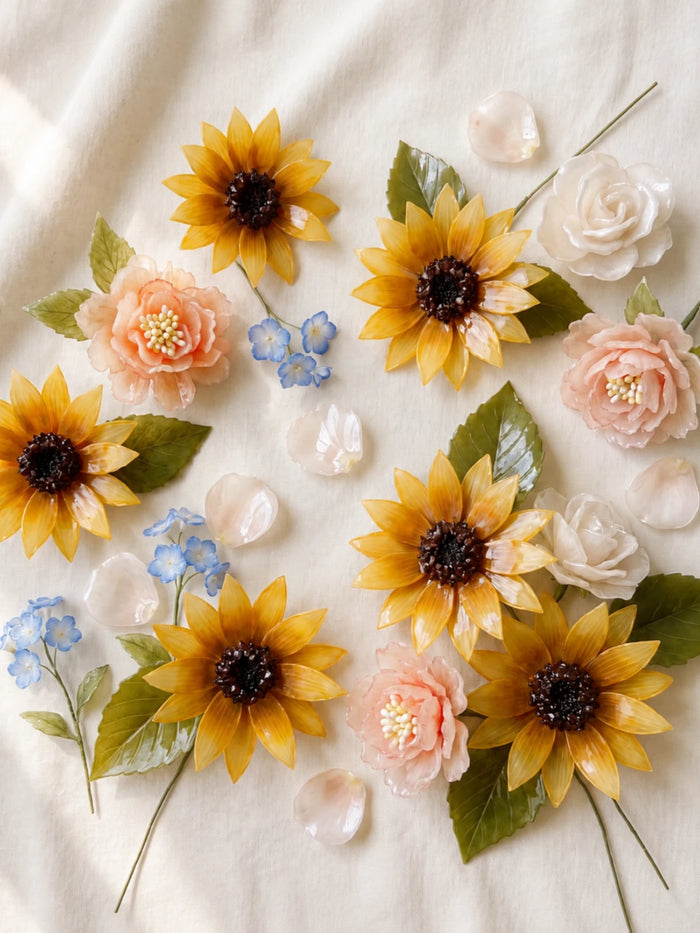 Handmade flowers representing the six YP Pets flower meanings