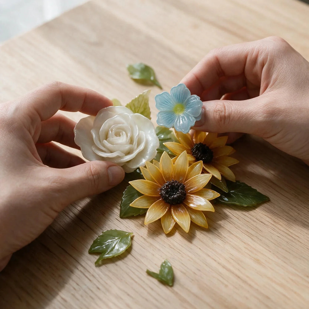 Hands choosing handmade forget-me-not, white rose, and sunflower flowers for their symbolic meanings