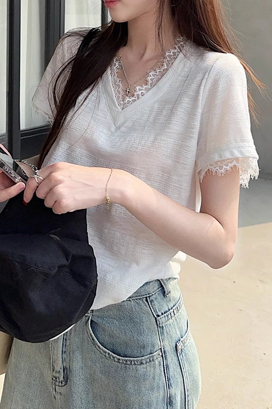V-Neck Loose Fit Lace Trim Short Sleeve T-Shirt
