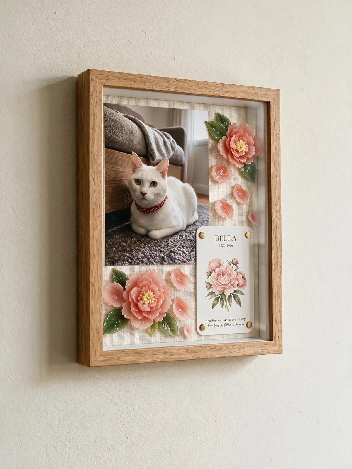 Personalized peony pet celebration shadow box prepared as a pet lover gift