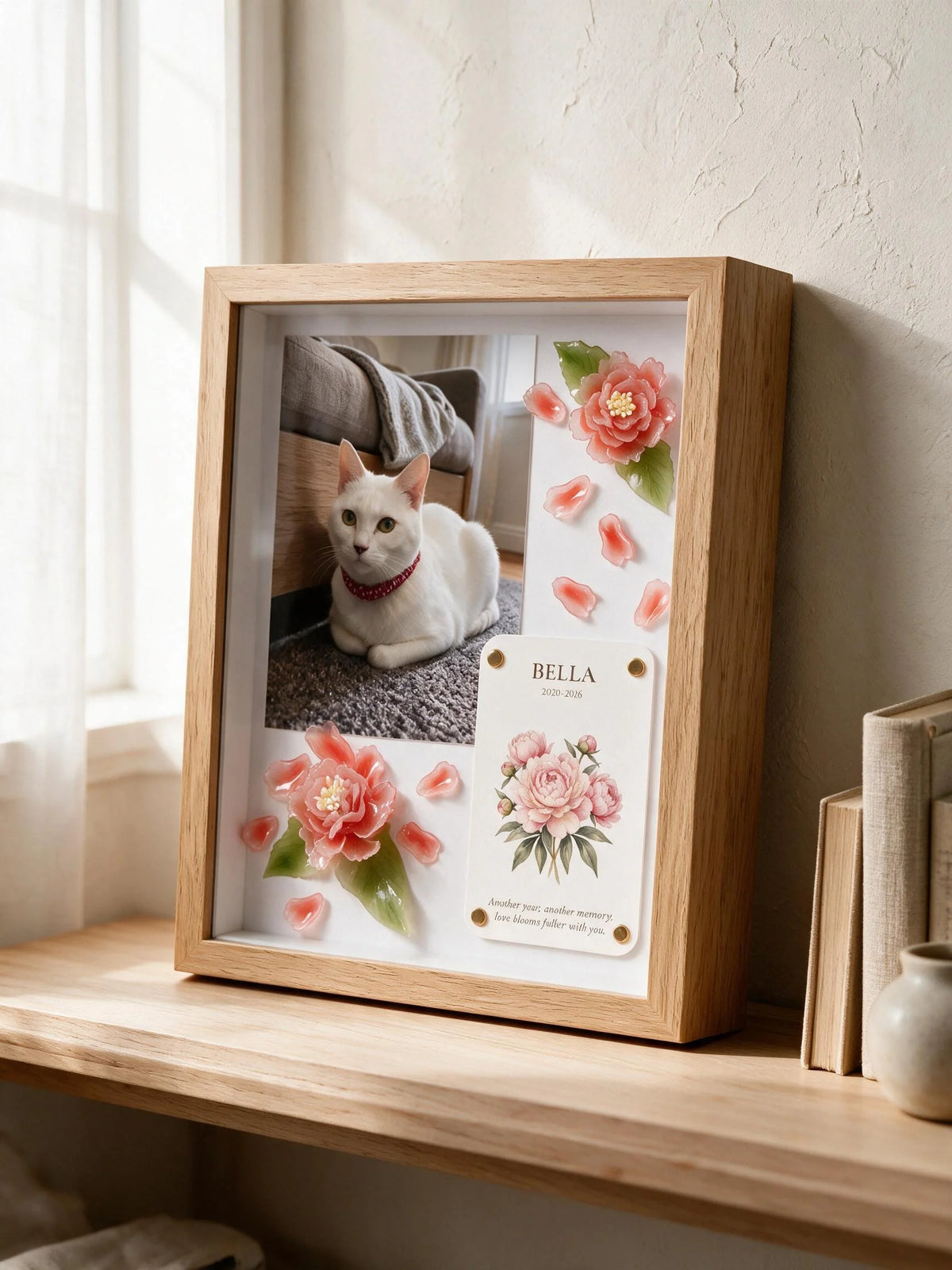 Personalized peony pet celebration shadow box prepared as a pet lover gift