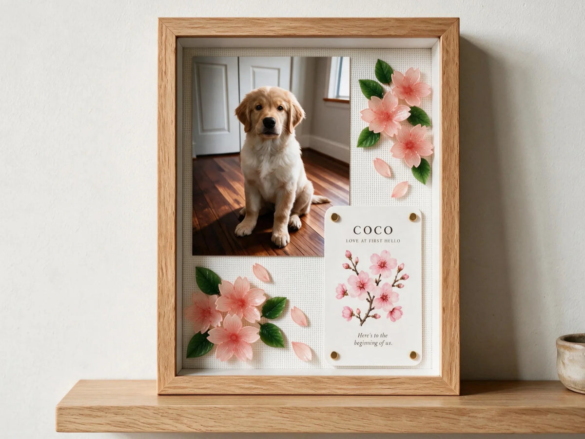 Personalized pet celebration shadow box with handmade cherry blossom flowers