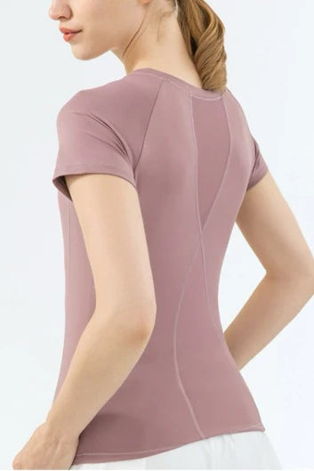 Women’s High-Stretch Yoga Short-Sleeved Sports T-Shirt – Breathable Mesh Back Design