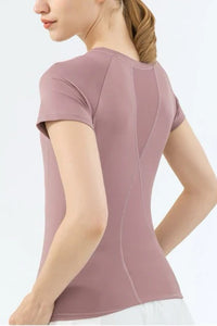 Women’s High-Stretch Yoga Short-Sleeved Sports T-Shirt – Breathable Mesh Back Design
