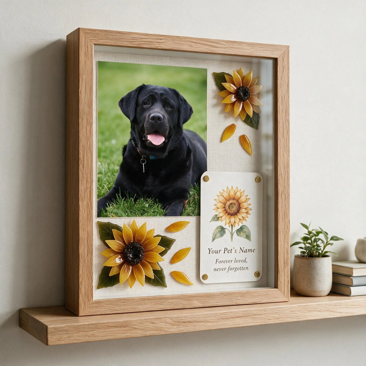 Personalized sunflower pet memorial shadow box featuring a Black Labrador photo, handmade sunflowers, and a custom message card.