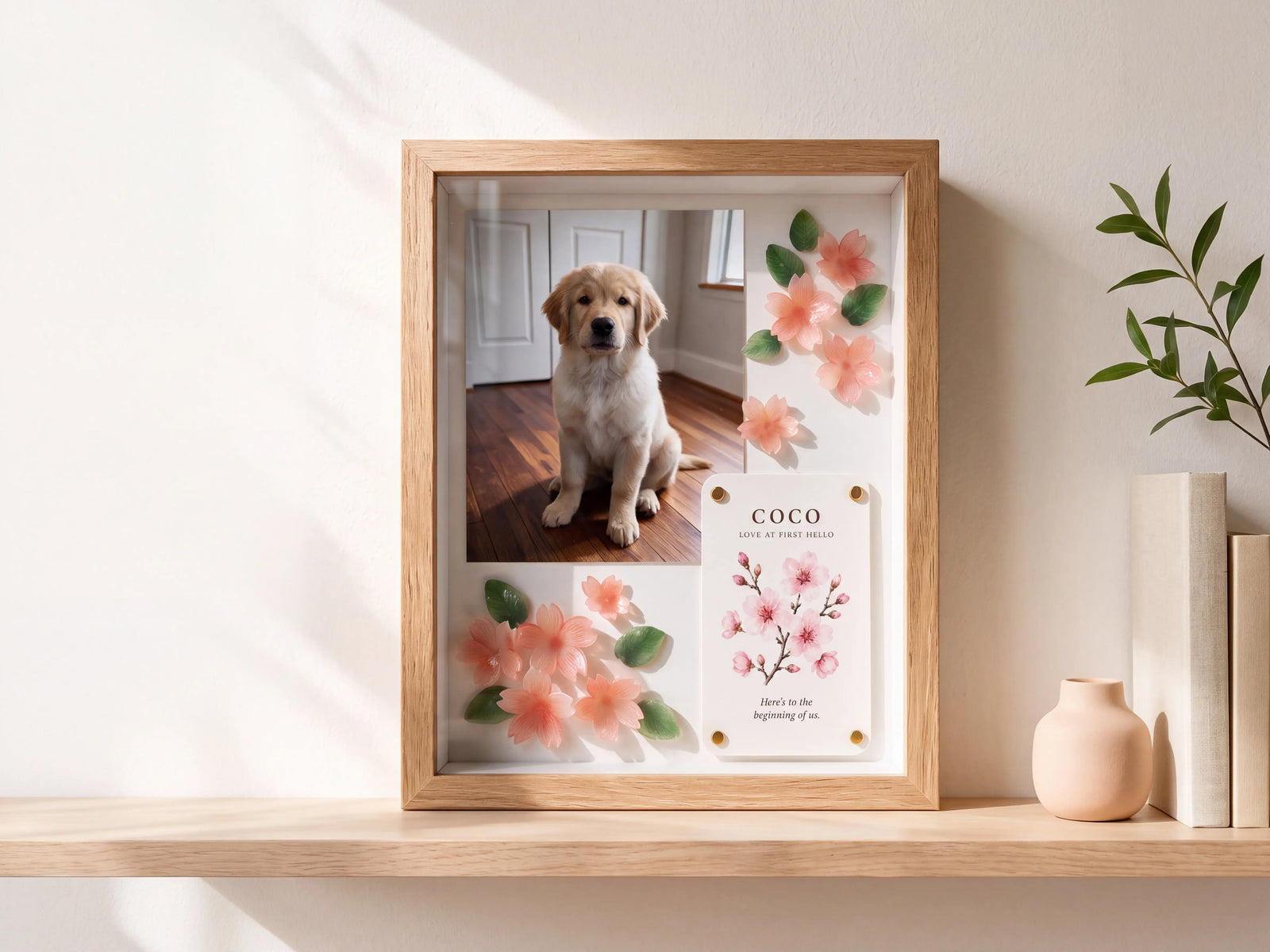 Personalized pet celebration shadow box with handmade cherry blossom flowers