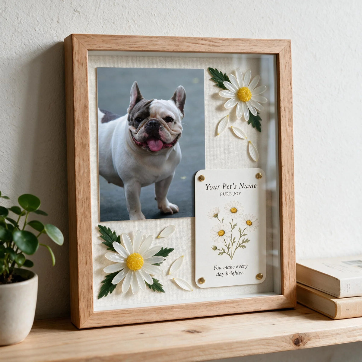 Personalized pet keepsake shadow box with a custom dog photo and handmade daisies