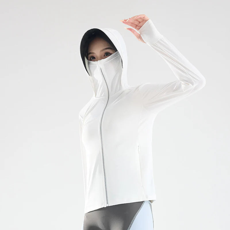 Women’s UPF 50+ Ice Silk Cooling Sun Protection Jacket – Breathable Face Cover & Detachable Black-Coated Hood