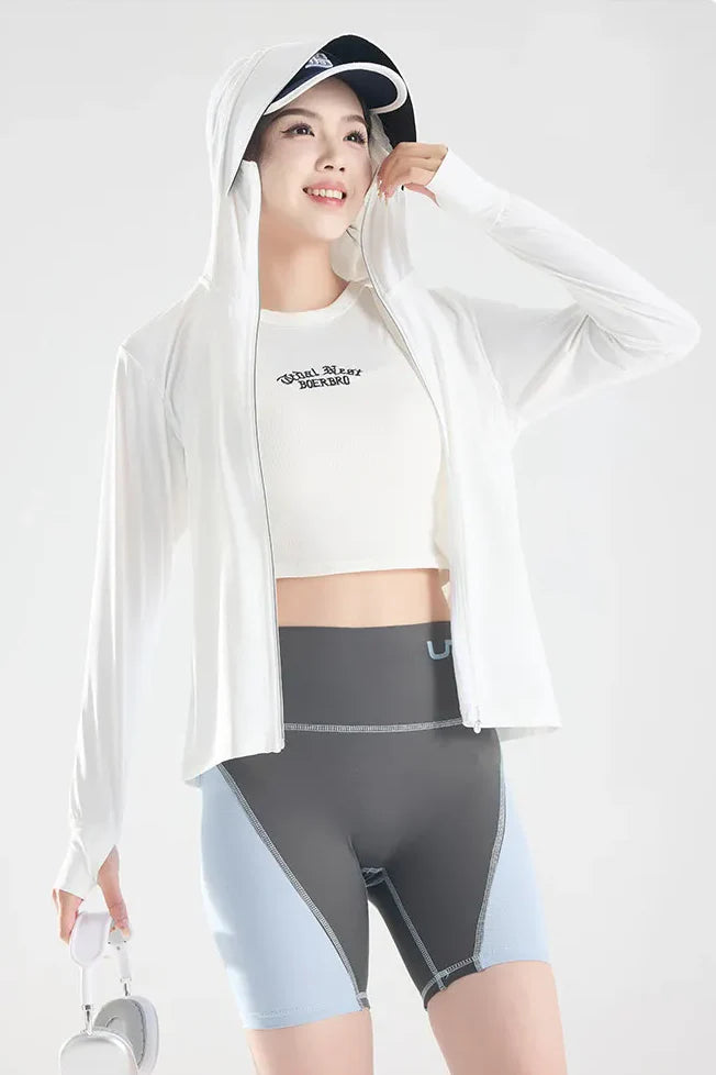 Women’s UPF 50+ Ice Silk Cooling Sun Protection Jacket – Breathable Face Cover & Detachable Black-Coated Hood