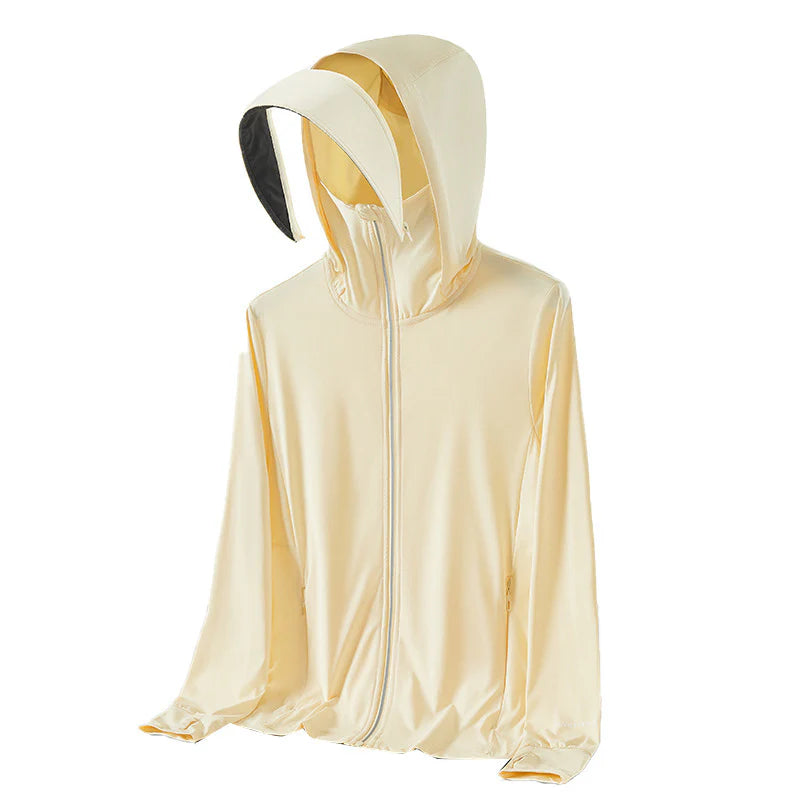 Women’s UPF 50+ Ice Silk Cooling Sun Protection Jacket – Breathable Face Cover & Detachable Black-Coated Hood