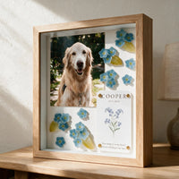 Forever in Bloom pet memorial shadow box displayed in a softly lit home