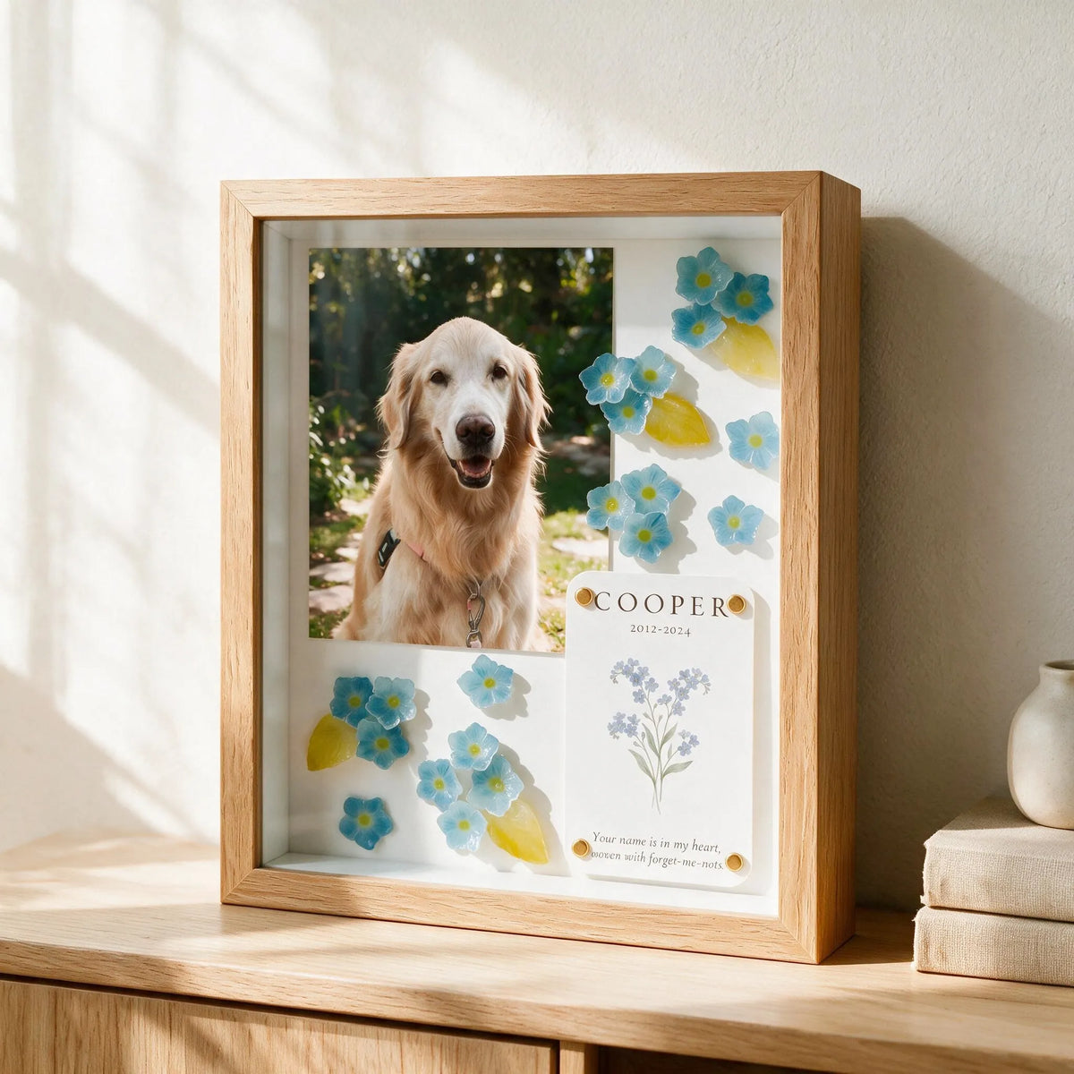 Forever in Bloom pet memorial shadow box displayed in a softly lit home