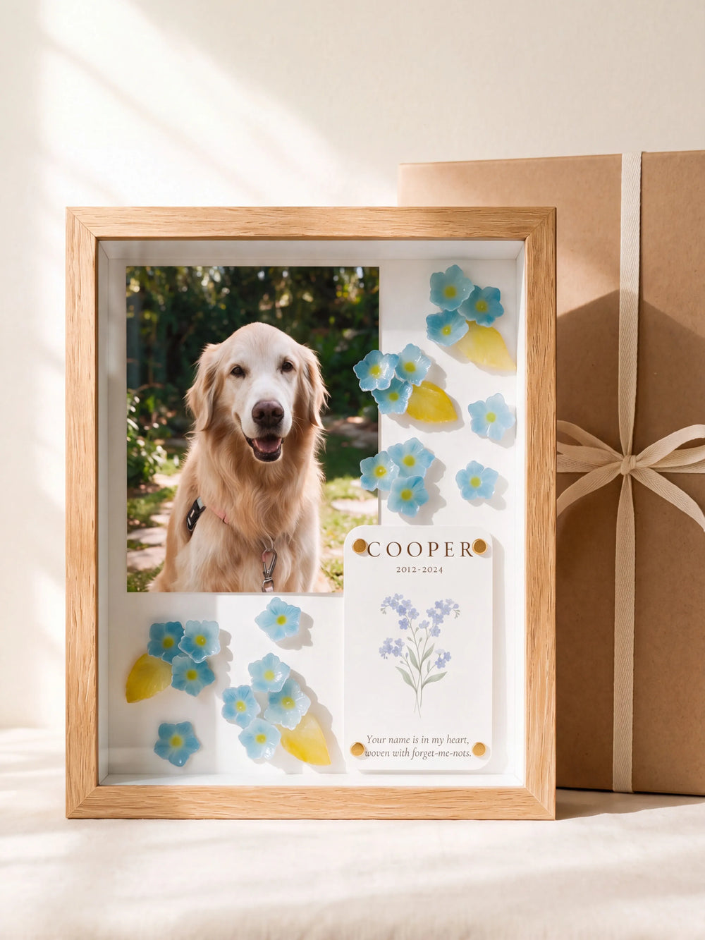 Personalized forget me not pet memorial shadow box prepared as a pet lover gift