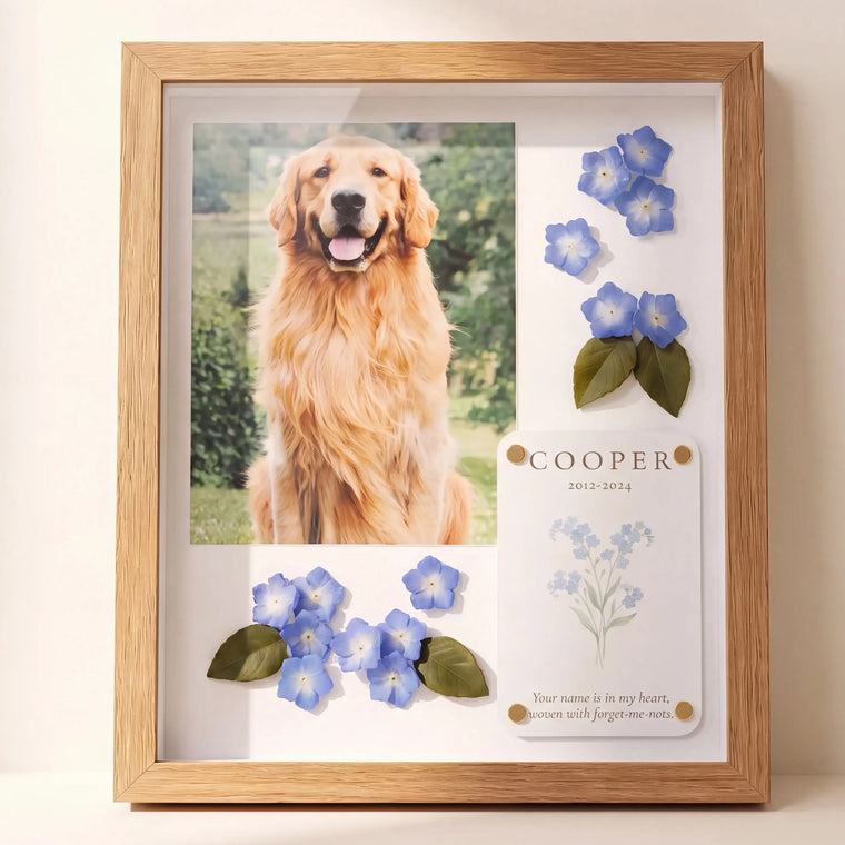 Custom pet memorial shadow box with a golden retriever photo, personalized card, and handmade forget-me-not flowers