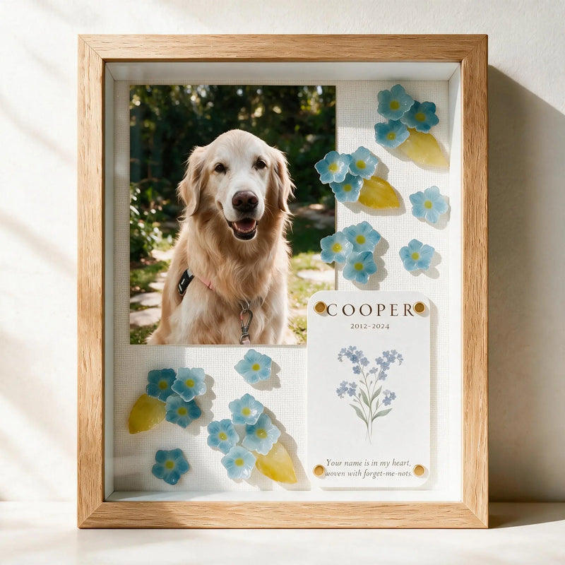 Personalized forget-me-not pet memorial shadow box with a golden retriever photograph