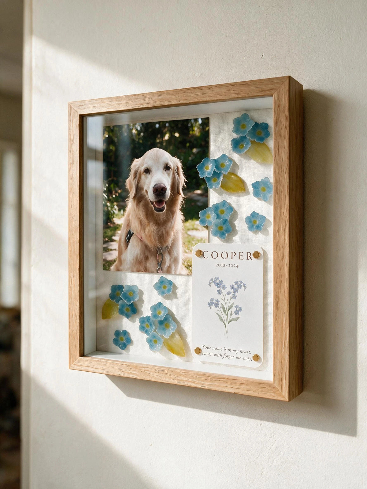 Personalized forget me not pet memorial shadow box prepared as a pet lover gift
