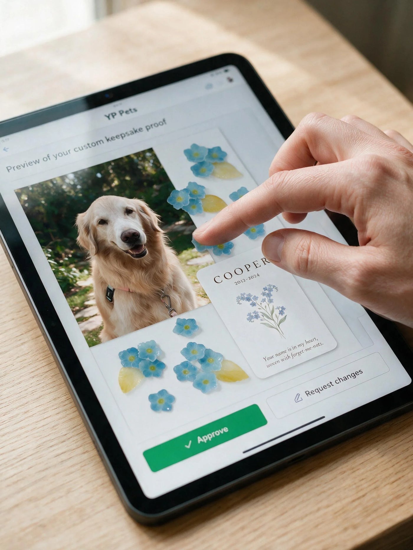 Approved digital proof for a personalized forget-me-not pet memorial shadow box