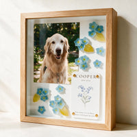 Angled view of the Forever in Bloom pet memorial shadow box in natural wood