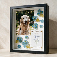 Personalized forget-me-not pet memorial shadow box in a sleek black frame