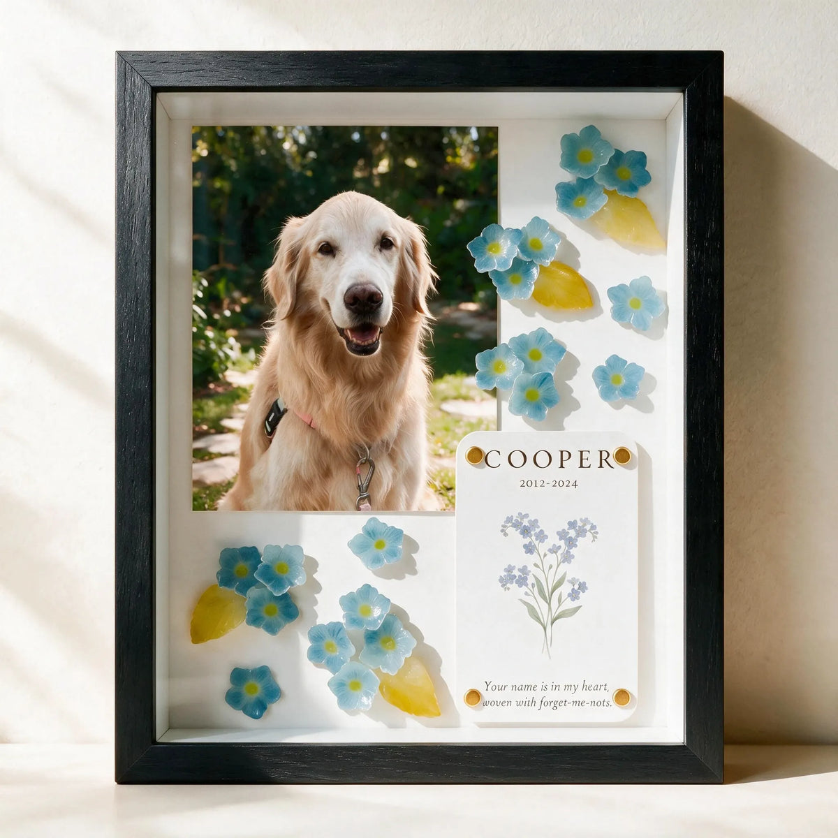 Personalized forget-me-not pet memorial shadow box in a sleek black frame