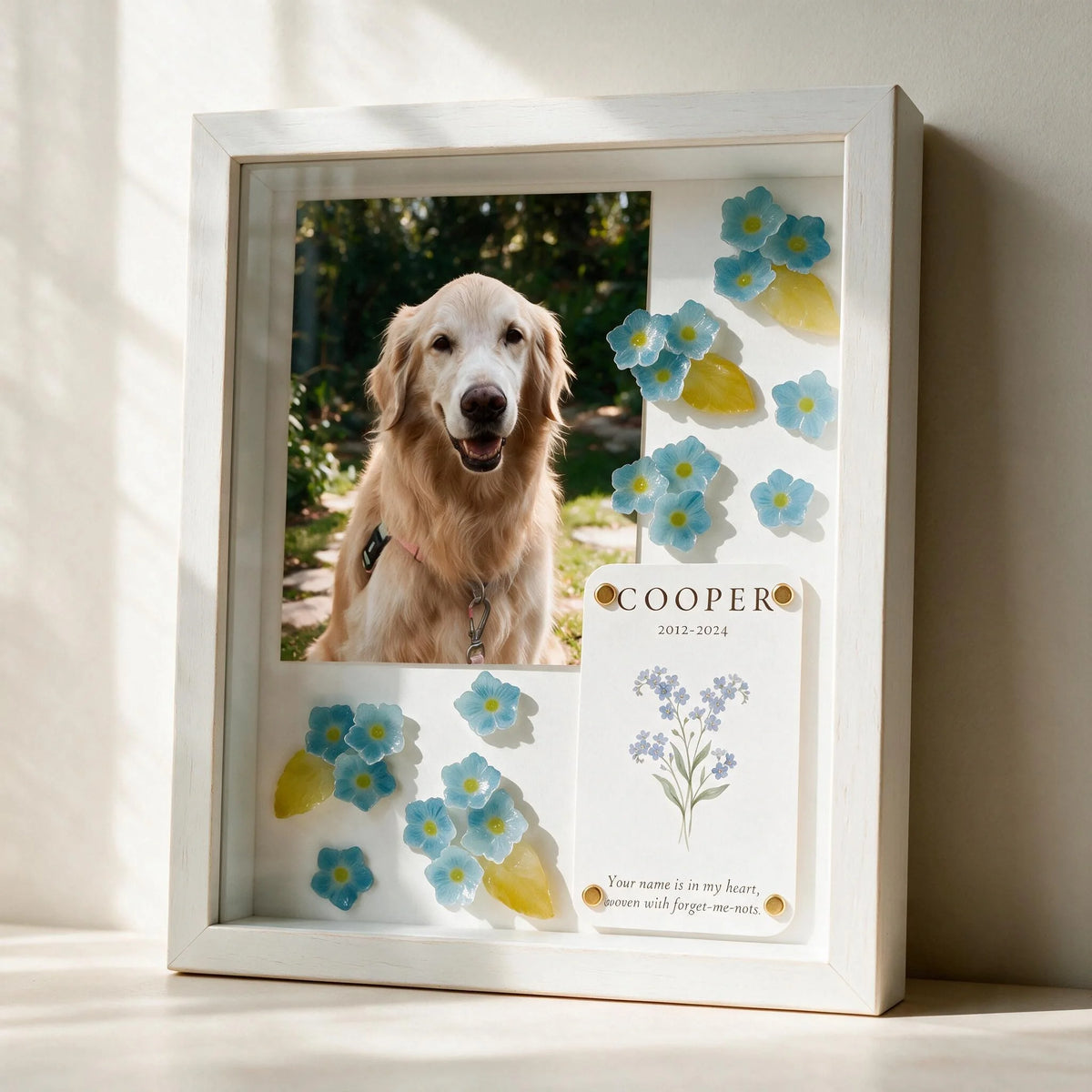 Personalized forget-me-not pet memorial shadow box in a solid white frame