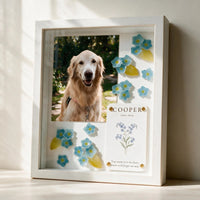 Personalized forget-me-not pet memorial shadow box in a solid white frame