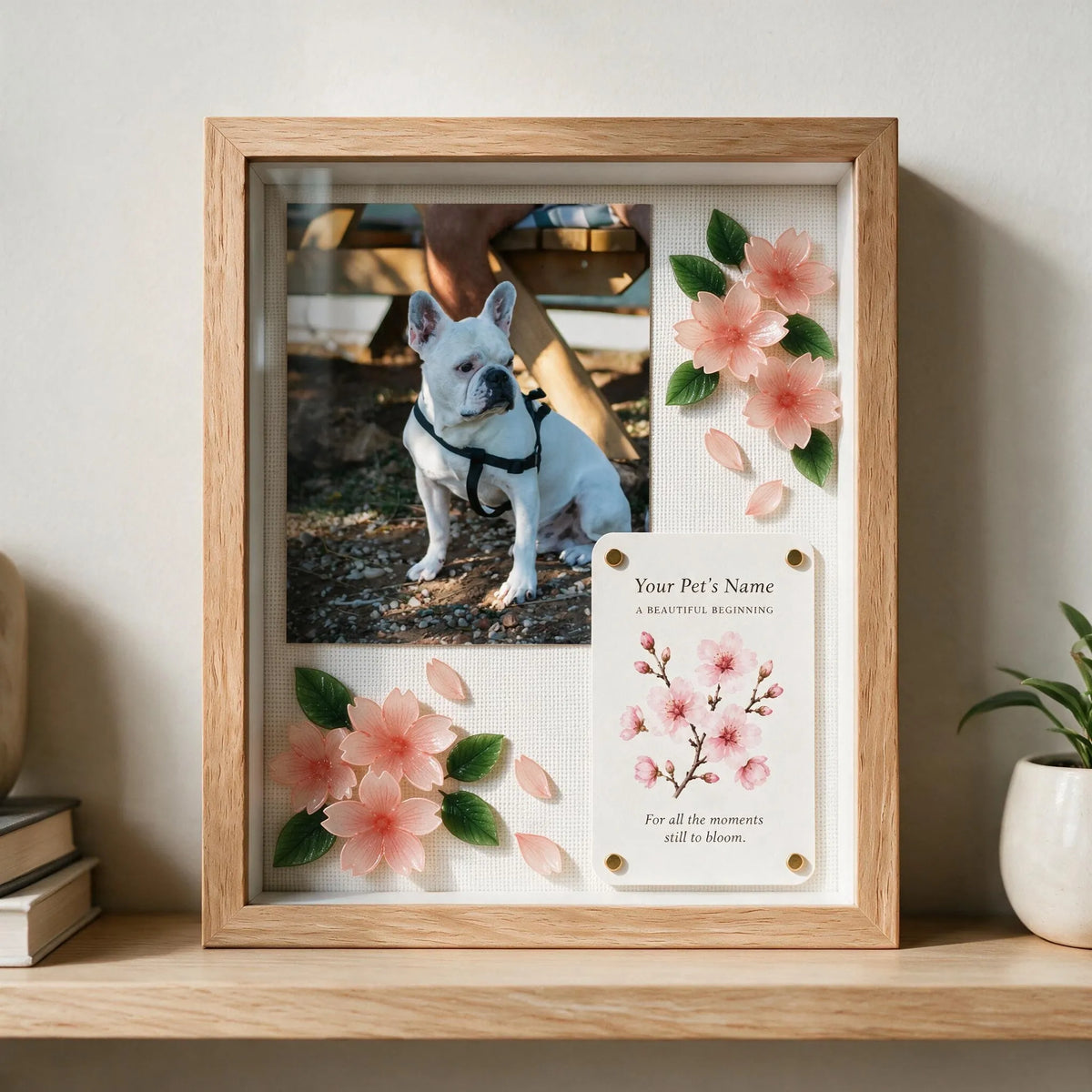 Personalized French Bulldog pet keepsake with handmade cherry blossoms in a natural oak shadow box