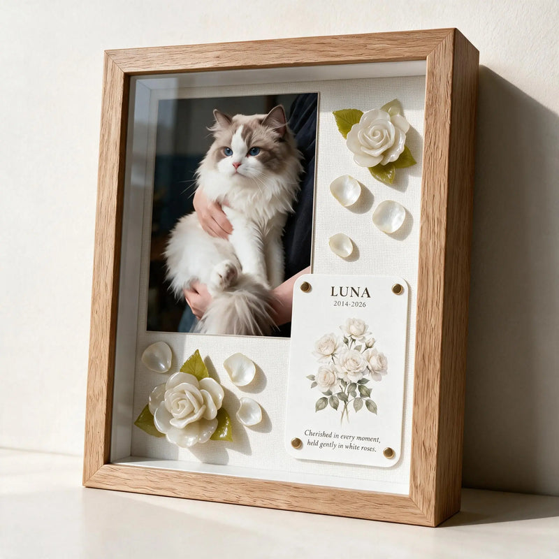 Detail view of handmade white roses in the Gentle Goodbye pet memorial shadow box