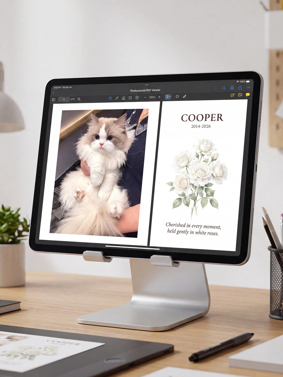 Digital layout proof for the Gentle Goodbye pet memorial shadow box