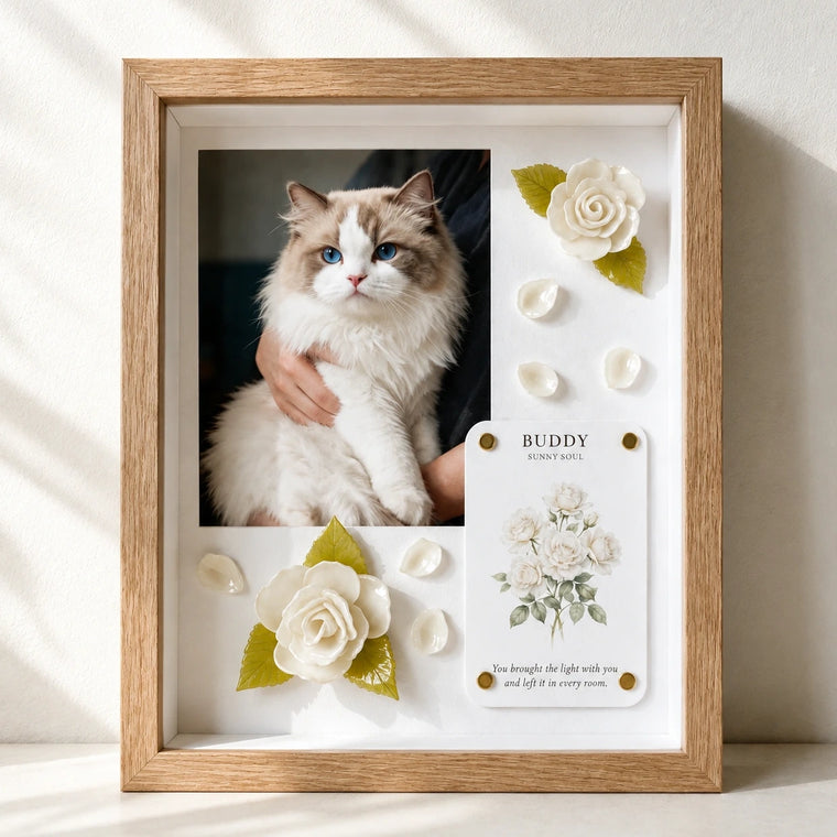 Personalized Gentle Goodbye pet memorial shadow box with handmade white roses